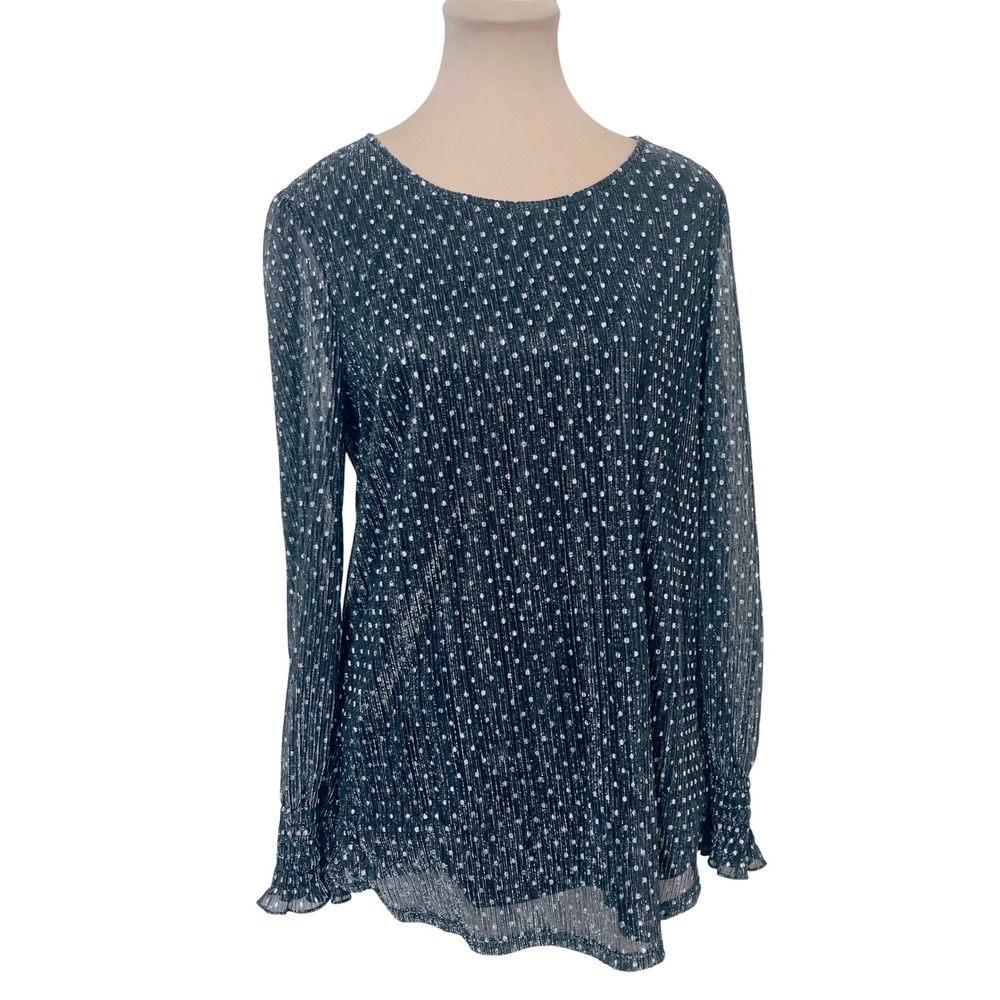 Adrianna Papell‎ Women Blouse L Black Metallic Polka Dot Pleated Long Sleeve